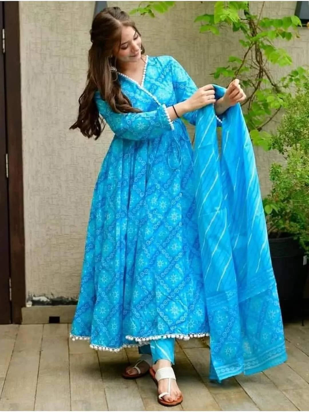 Sky Blue Printed Linen Three Piece Set