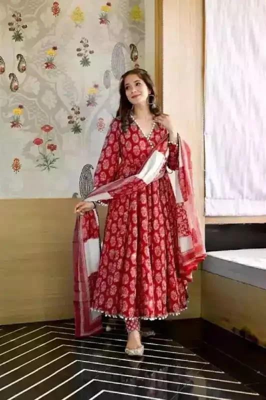 Maroon Printed Linen Three Piece Set