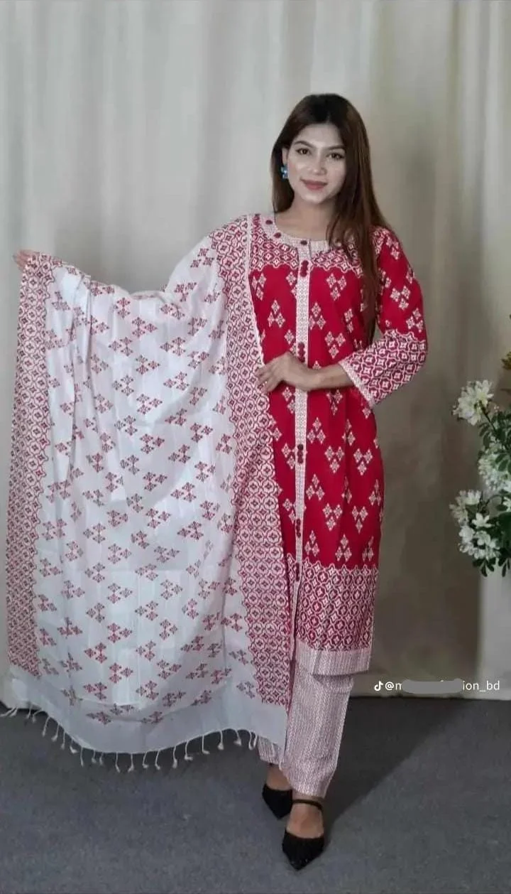 Cotton Readymade Three Piece - Red